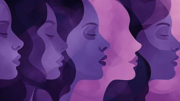 Poster della Giornata Internazionale della Donna con silhouette di volti di donne multiculturali in stile viola