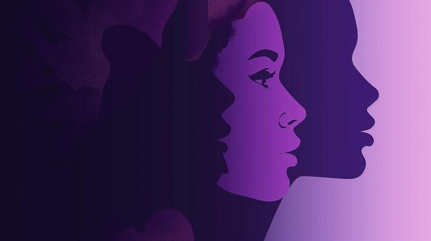 Poster della Giornata Internazionale della Donna con silhouette di volti di donne multiculturali in stile viola