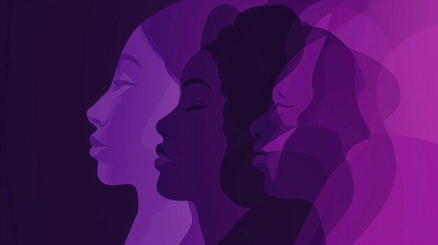 Poster della Giornata Internazionale della Donna con silhouette di volti di donne multiculturali in stile viola