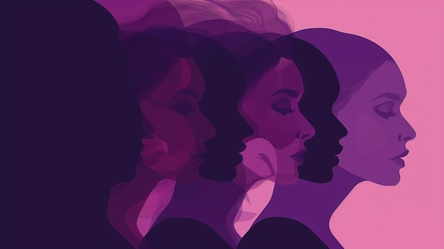 Poster della Giornata Internazionale della Donna con silhouette di volti di donne multiculturali in stile viola