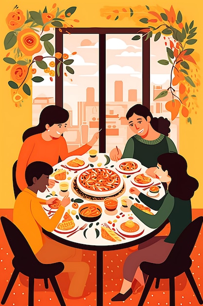 Poster della Giornata mondiale dell'alimentazione con famiglie che mangiano insieme attorno a un tavolo Giornata internazionale del design 2D
