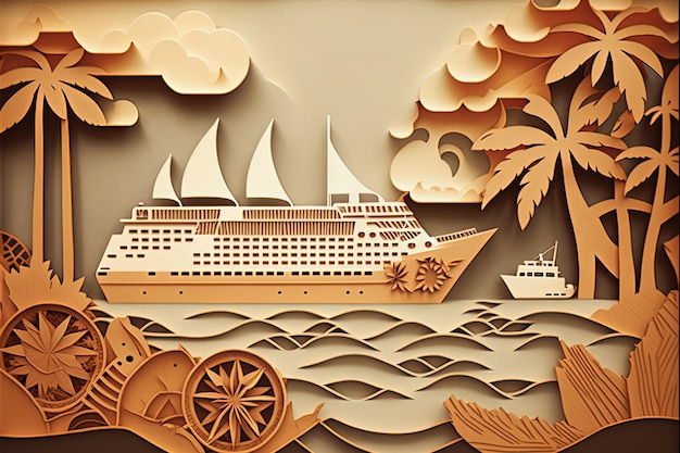 Poster della nave da crociera in stile Papercut Vacanze estive sulla nave passeggeri nel paesaggio tropicale dell'oceano