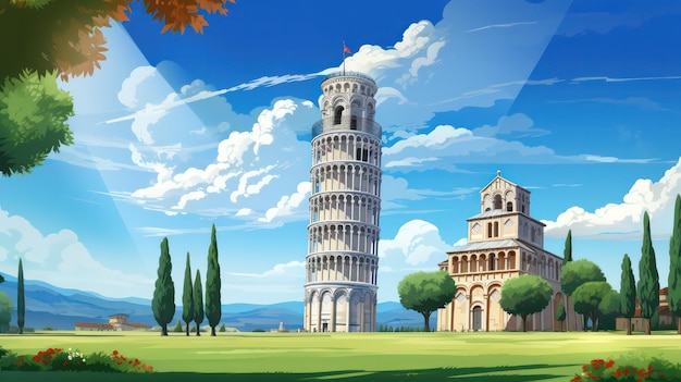 Poster della Torre di Pisa in un giorno di sole con vista sul cielo blu