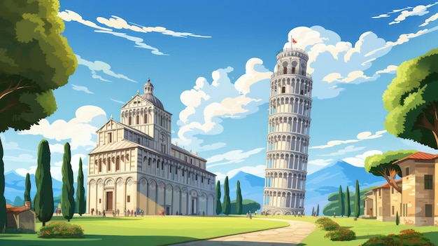 Poster della Torre di Pisa in un giorno di sole con vista sul cielo blu