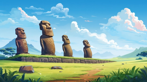 Poster delle statue di Moai in un giorno di sole con vista sul cielo blu