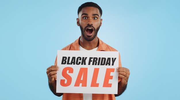 Poster delle vendite del Black Friday, annunci commerciali, sconti, banner promozionali o cartellone dello studio, informazioni o ritratto della persona, annuncio o notifica su sfondo blu