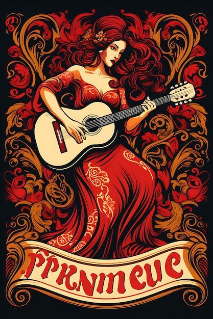 Poster Design of Flamenco Club Intense Spanish Dancing and Guitar Fiery Reds Vector 2D Flat Tshirt