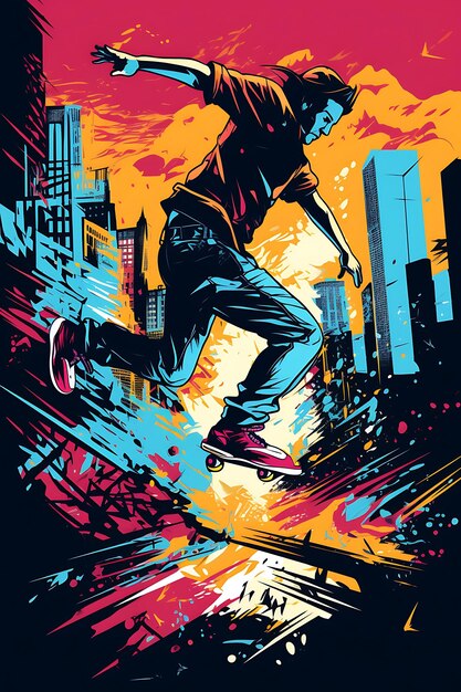 Poster Design of Skateboarding Freedom and Creativity Urban Color Scheme With Vector 2D Flat Ink