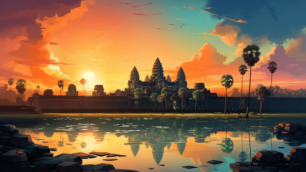 Poster di Angkor Wat la sera con vista sul cielo azzurro