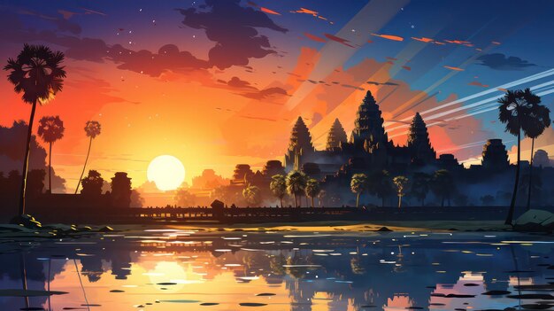 Poster di Angkor Wat la sera con vista sul cielo azzurro