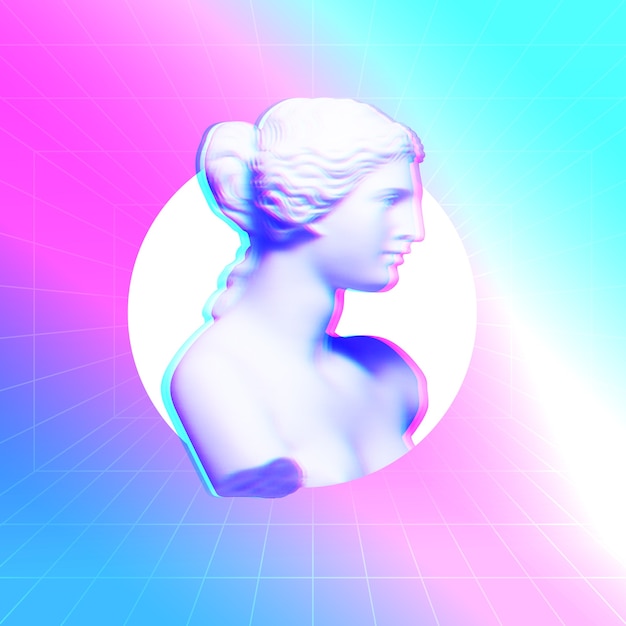 Poster di arte concettuale moderna con statua antica colorata rosa blu Collage di arte contemporanea
