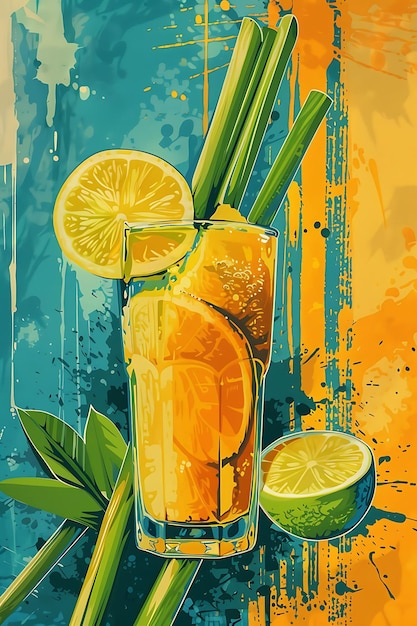 Poster di bevande di succo di canna da zucchero con gambo di canna e illustrazione di limone Cibo bevande sapori indiani