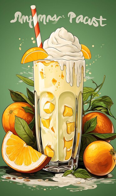 Poster di bevande Mango Lassi con fette di mango e yogurt Cucina di stile di vita delle celebrazioni indiane tropicali