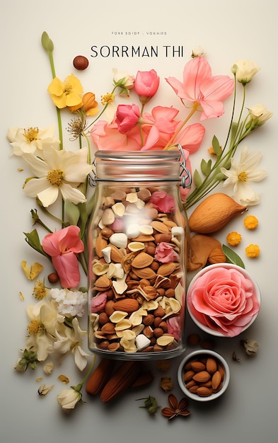 Poster di bevande Thandai con noci e petali di rosa pastello e cucina di stile di vita delle celebrazioni indiane