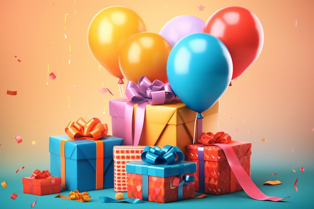 poster di buon compleanno con palloncini e confezione regalo sfondo generativo ai