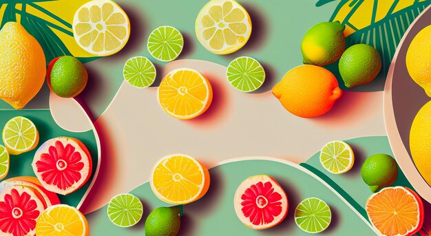 Poster di cibo in stile retro Frutta tropicale pompelmo limone arancione e lime generativo Ai