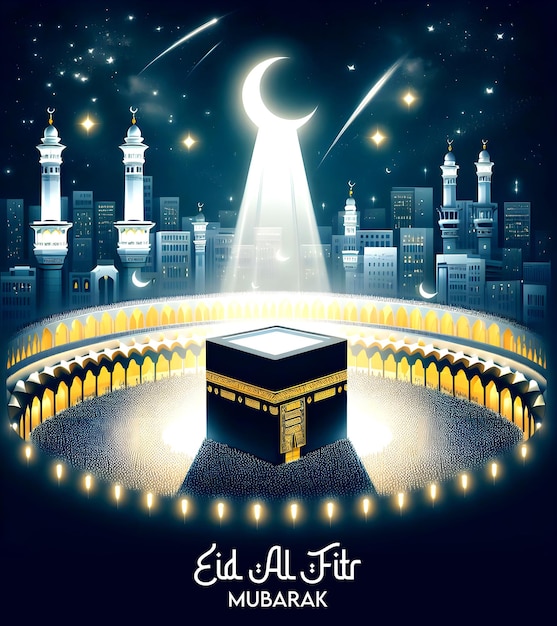 Poster di Eid al fitr con biglietti di auguri islamici della moschea di Makka Madeena