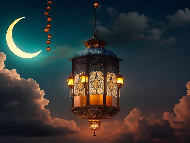 Poster di Eid al fitr con uno sfondo di lanterne, luna e nuvole generato