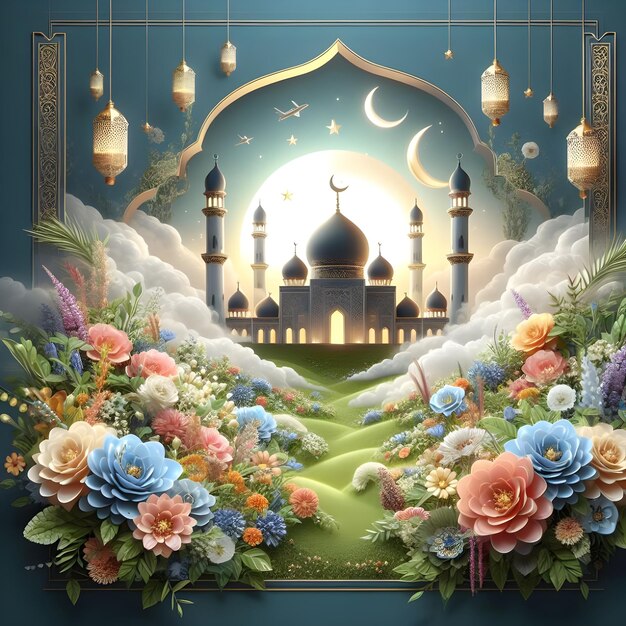 Poster di Eid mubarak di un'immagine di una moschea con uno sfondo blu e fiori