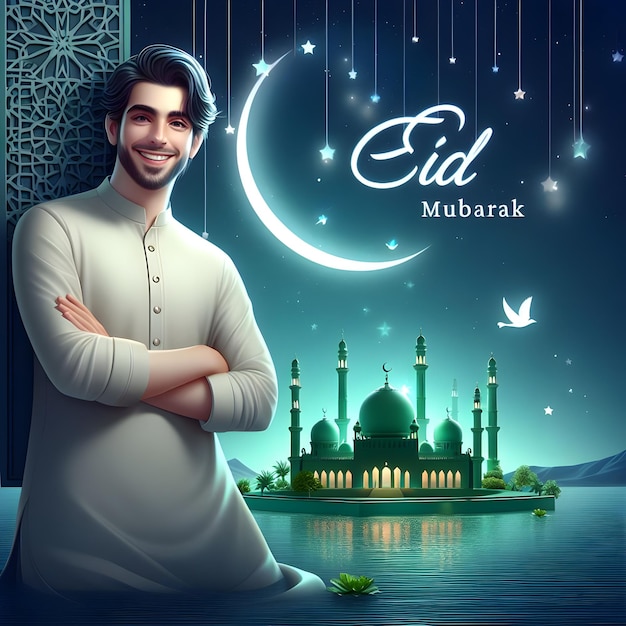 Poster di Eid Mubarak di un uomo con le braccia incrociate davanti a una moschea