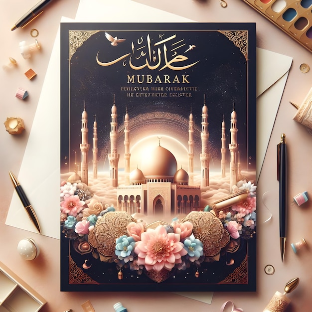 Poster di Eid Mubarak di una moschea sulla copertina che dice moschea
