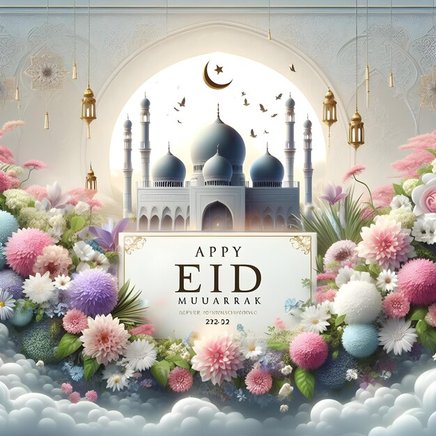 Poster di Eid Mubarak per una moschea con una moschea blu in basso