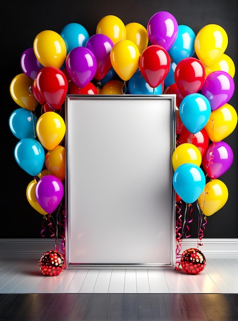 poster di festa di compleanno design banner copyspace sfondo di festa palloncini torta di champagne