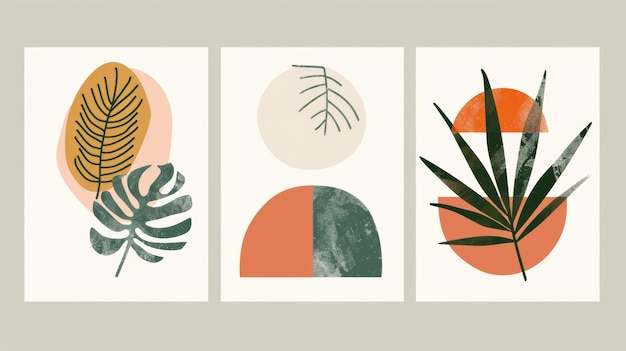 Poster di forme naturali geometriche in stile midcentury Illustrazione moderna foglia di palma tropicale e elementi geografici per la decorazione delle pareti boho