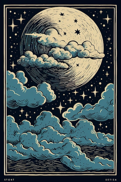 poster di francobolli in stile luna e nuvole