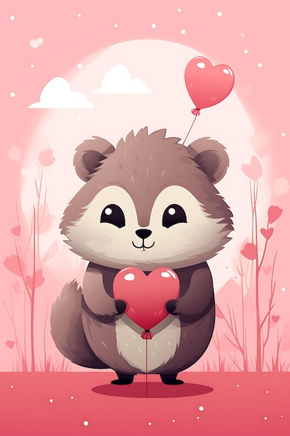 Poster di Groundhog che tiene un palloncino a forma di cuore Colori romantici Lik 2D Flat Design Illustration