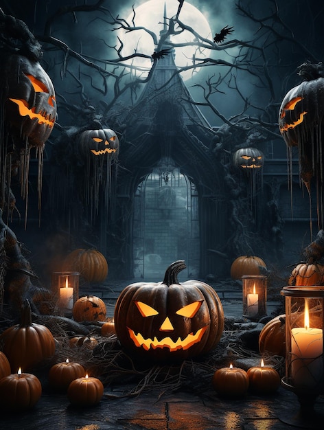 Poster di Halloween con zucche spaventose e sfondo di oscurità