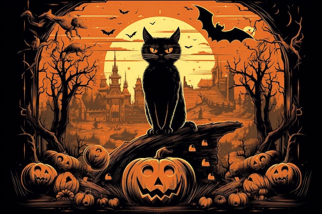 Poster di Halloween di ispirazione retrò con elementi iconici