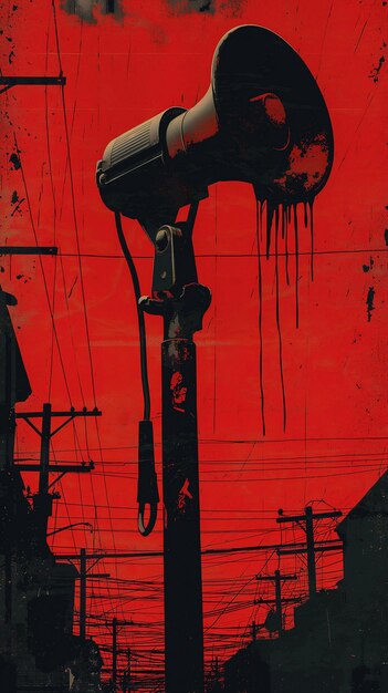 Poster di megafono vintage nero su una strada con cielo rosso Concetto di rivoluzione lotta protesta