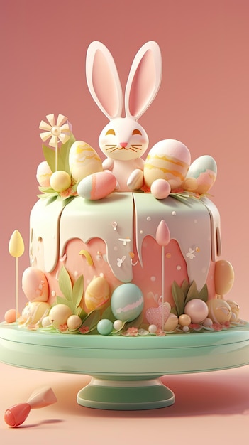 Poster di Pasqua e modello di banner con torta di coniglio su sfondo chiaro Saluti per il giorno di Pasqua Contenuto di intelligenza artificiale generativa