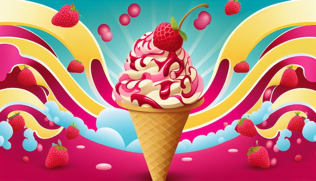 Poster di sfondo astratto colorato per gelato con una fragola in cima