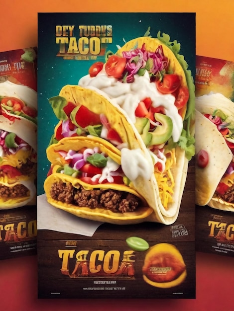 Poster di tacos messicani Illustrazione di un poster di design vintage e grunge con appetitosa icona di taco messicano avvolto in mais e guarnizione Flyer Design