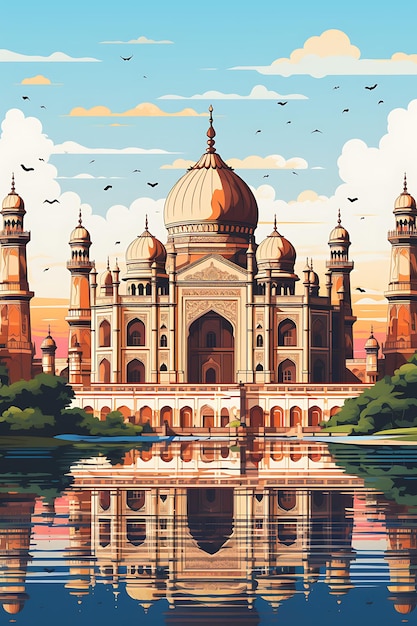 Poster di un quadro che raffigura le meraviglie architettoniche dell'antica India Flat 2D Design Art Creative