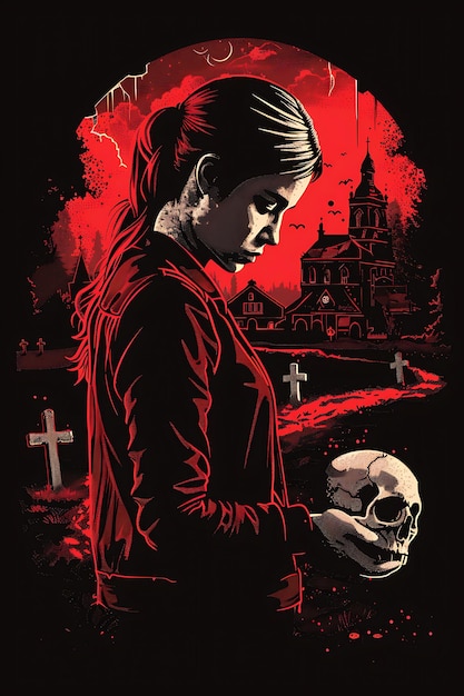 Poster di una donna che tiene un teschio con un cimitero sullo sfondo Pos Collage Outline Banner Flyer