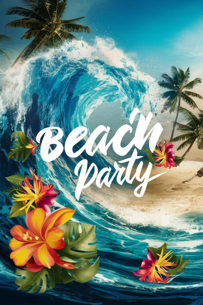 Poster di una festa in spiaggia con fiori tropicali e palme