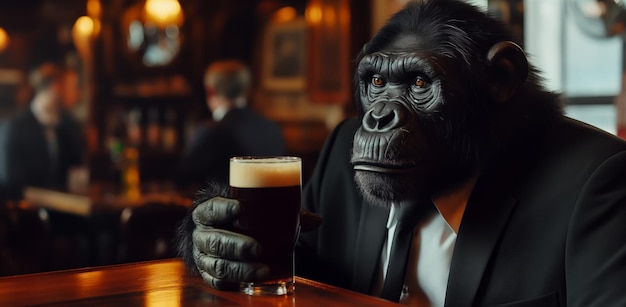 Poster di uno scimpanzé serio in abito con un bicchiere di birra dietro il bancone in una pubblicità di un pub bar
