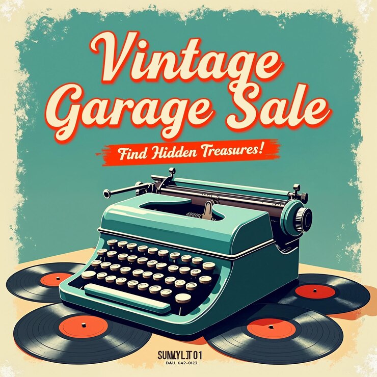 Foto poster di vendita di garage vintage macchina da scrivere retrò e dischi in vinile