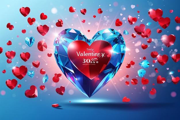 Poster di vendita di San Valentino o banner del cuore rosso di San Valentino su sfondo con motivo di luce blu