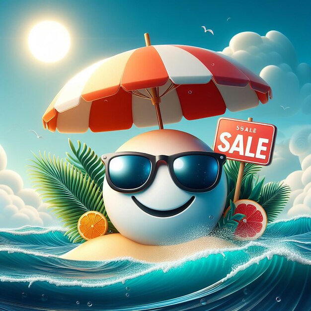Poster di vendita estiva con sorriso 3D in occhiali da sole sotto un ombrello da sole