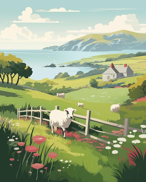 Poster di viaggio in Irlanda con una vista spettacolare del paesaggio e delle pecore Irlanda Ai ha generato l'immagine