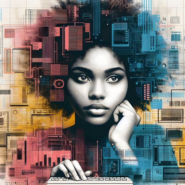 Poster Digital Artwork di una donna africana pensiva con un portatile tra elementi tecnologici astratti