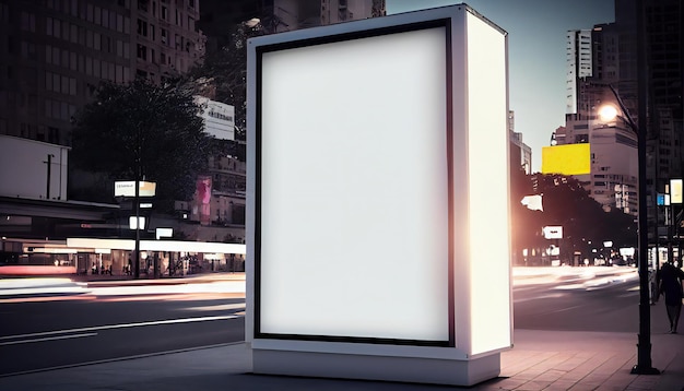 Poster digitale verticale bianco vuoto sulla strada della città segnale di fermata dell'autobus di notte Generative ai