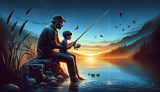 Poster emotivamente risonante per la Giornata dei Padri con illustrazioni di ricordi di pesca ultra realistici