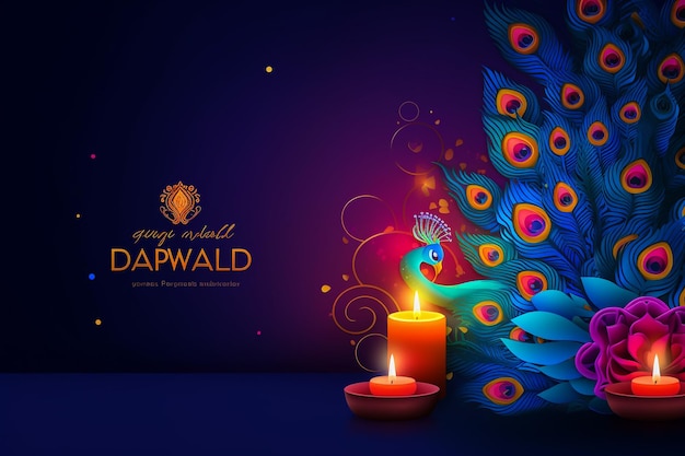 Poster Happy Diwali con lampada Diya e pavone