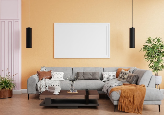 Poster in stile interno minimale Mock up il rendering 3D dello spazio di copia della parete del soggiorno