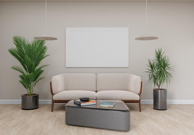 Poster in stile interno minimale Mock up il rendering 3D dello spazio di copia della parete del soggiorno